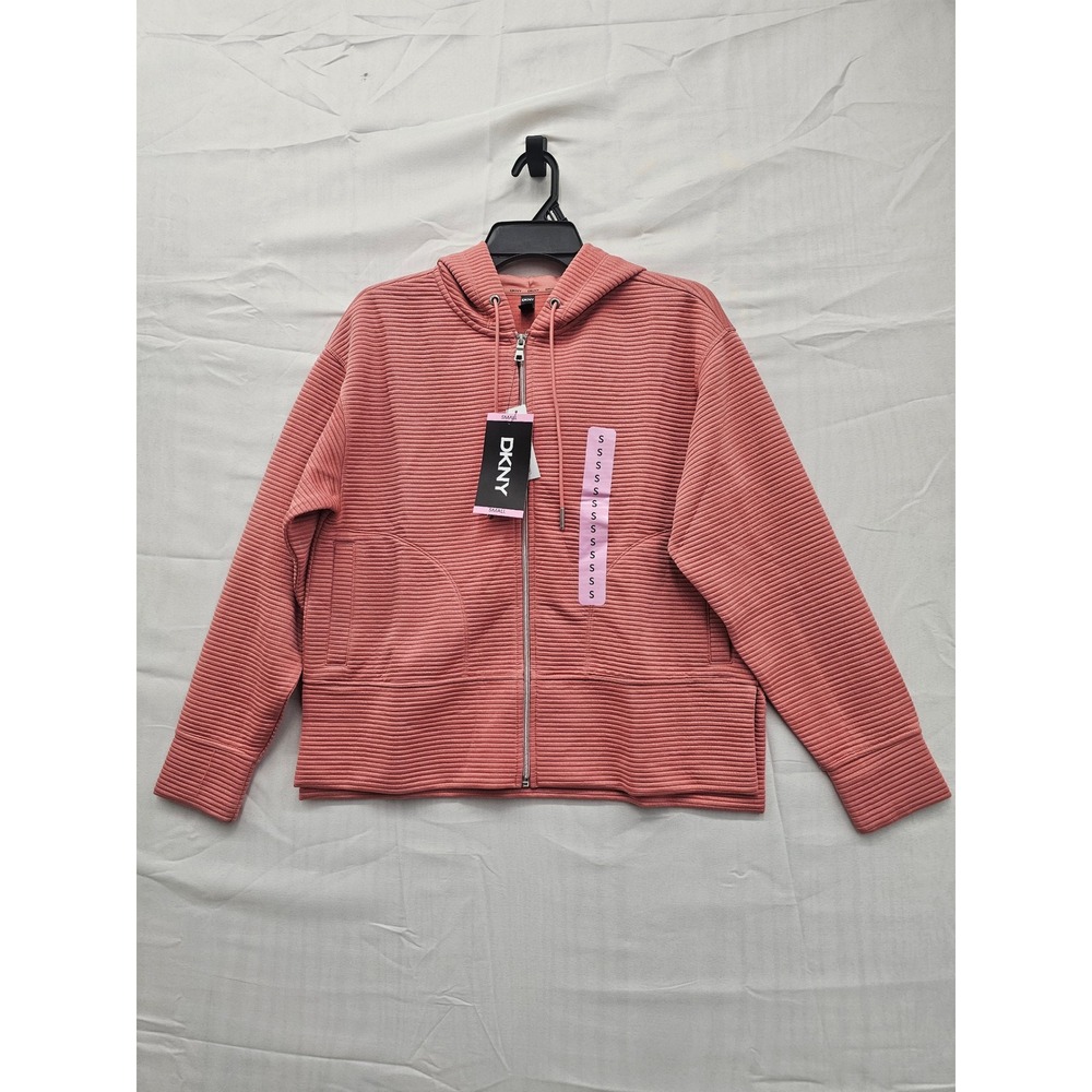 DKNY Ottoman Full Zip Hoodie Faded‎ Rose Pink Ribbed Jacket DPMJ9667 Mens Small